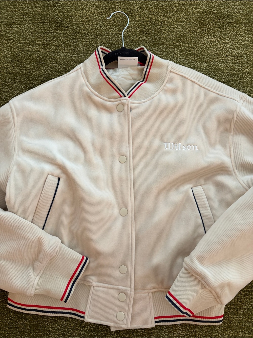 NWOT Cream Varsity bomber Jacket with Red & Navy Trim small